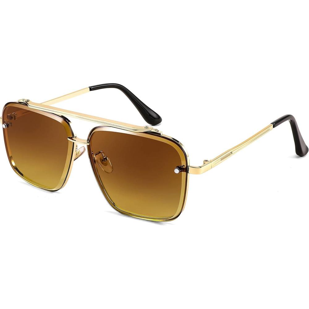 imageFEISEDY Sunglasses Fashion Square Pilot Sunglasses Vintage Metal Gradient Glasses for Men and Women B4104Gold FrameGradient Tea Lens