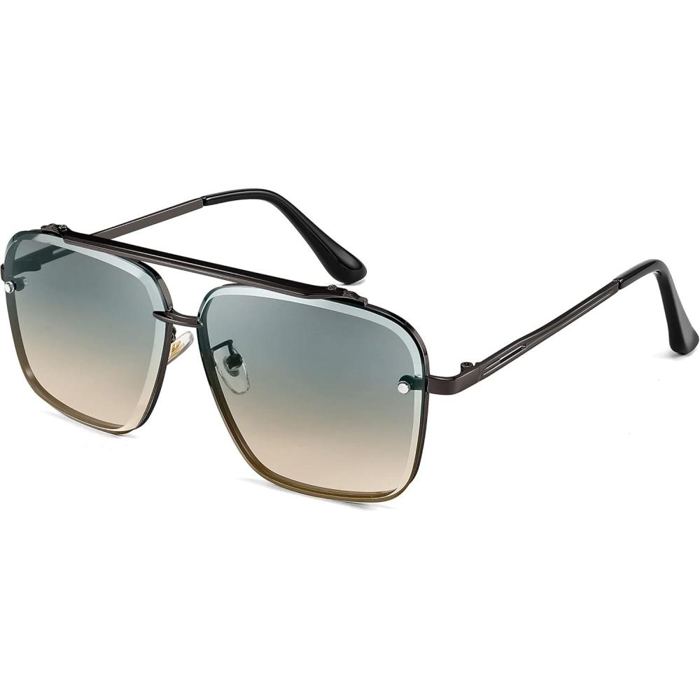 imageFEISEDY Sunglasses Fashion Square Pilot Sunglasses Vintage Metal Gradient Glasses for Men and Women B4104Gun BlackframeBlue Yellow Lens