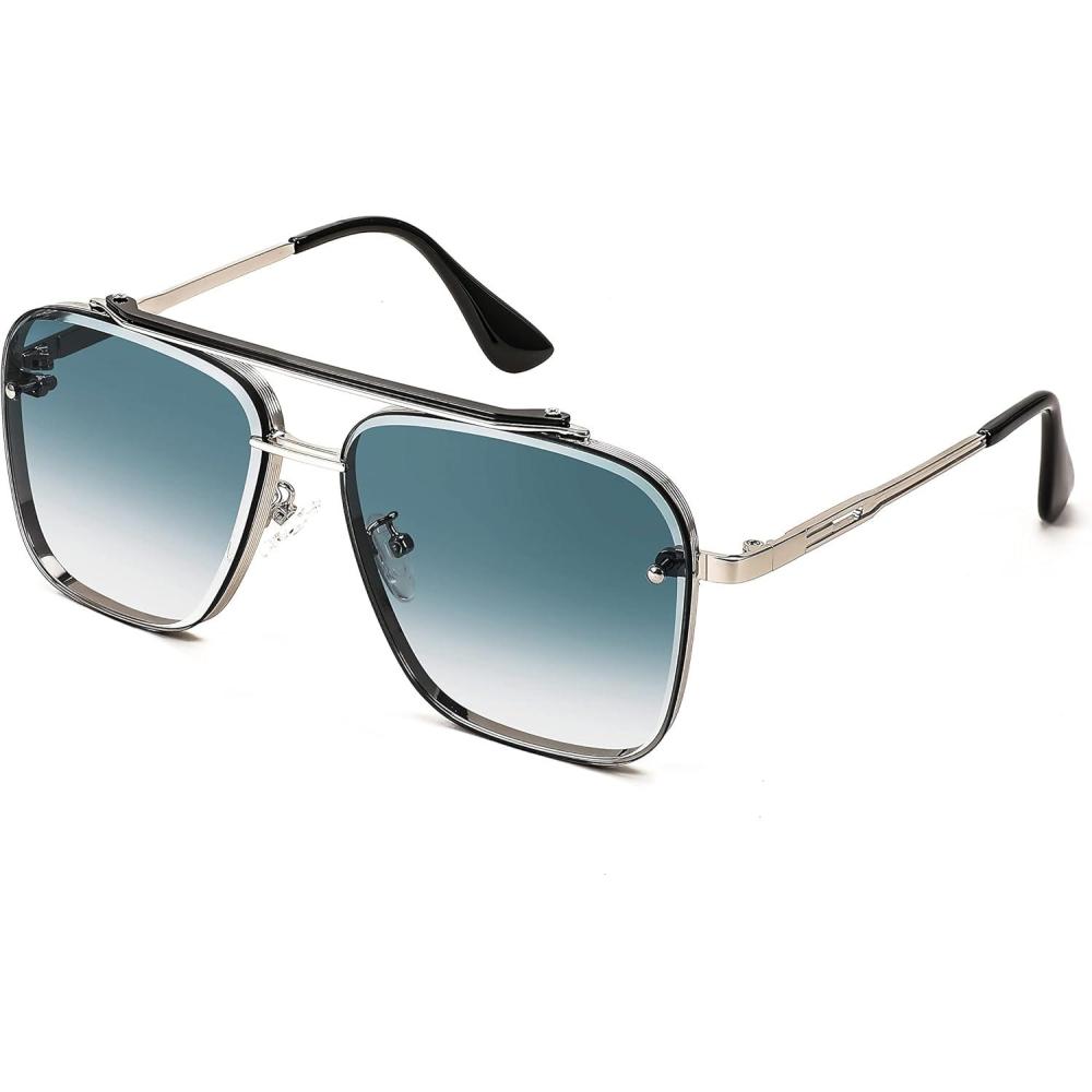 imageFEISEDY Sunglasses Fashion Square Pilot Sunglasses Vintage Metal Gradient Glasses for Men and Women B4104Sliver FrameBlue Lens