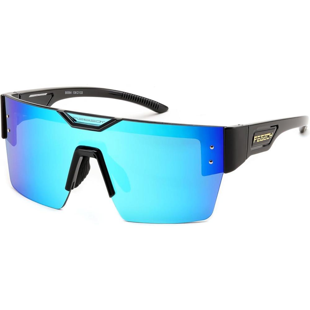 imageFEISEDY Sunglasses Men Women Big Oversized Square FrameUV400 Mirrored Sun Glasses Cycling Driving Fishing Hiking B0064Black Frame Blue Mirror Lenses