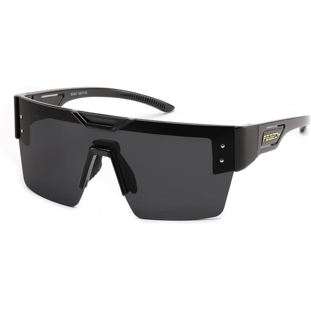 imageFEISEDY Sunglasses Men Women Big Oversized Square FrameUV400 Mirrored Sun Glasses Cycling Driving Fishing Hiking B0064Black Frame With Gray Lenses