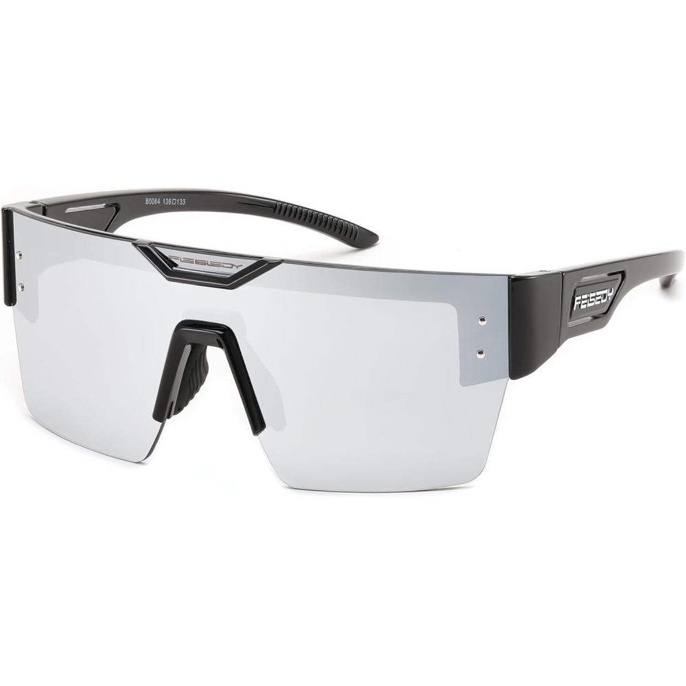 imageFEISEDY Sunglasses Men Women Big Oversized Square FrameUV400 Mirrored Sun Glasses Cycling Driving Fishing Hiking B0064Black Frame With Silver Mirrored Lenses