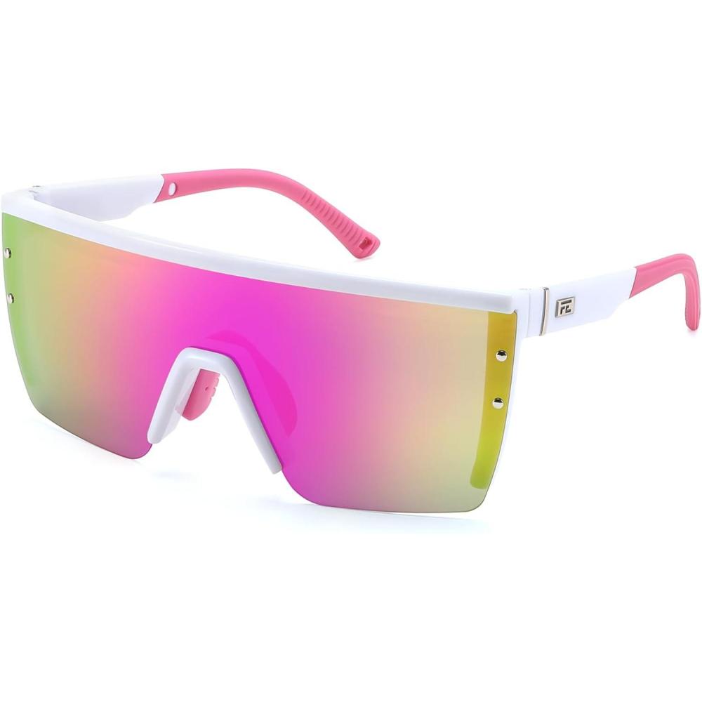 imageFEISEDY Sunglasses Mens Polarized Women Oversized Flat Top Square Cycling Fishing Golf Hiking Vintage Sun Glasses B2367Polarized Pink Mirrored Lenses With White Frame 006