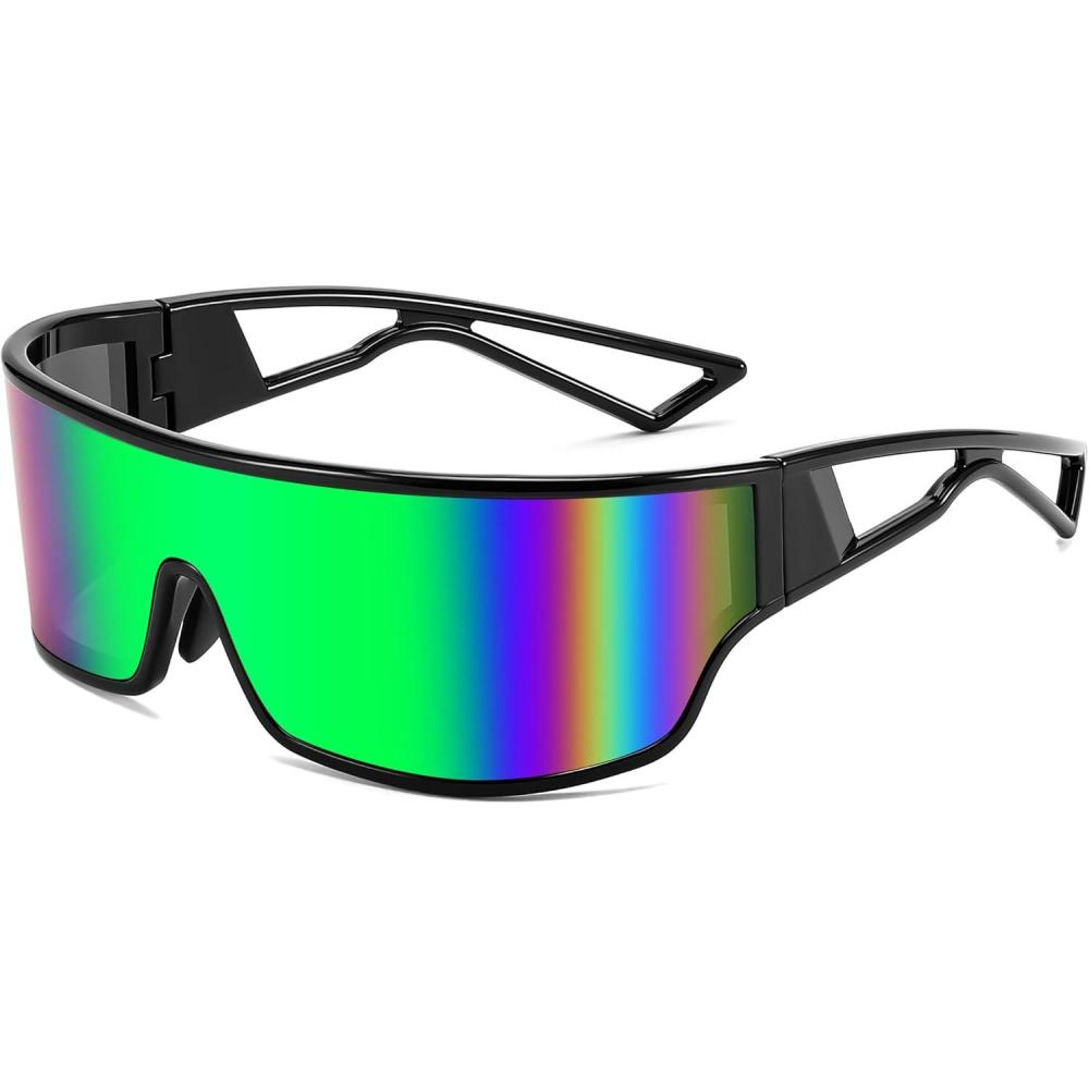 imageFEISEDY Trendy Futuristic Wrap Sunglasses Flat Top Mirrored One Piece Lens Reflective Sun Glasses for Women Men B0161Black Frame Green Mirrored Lens