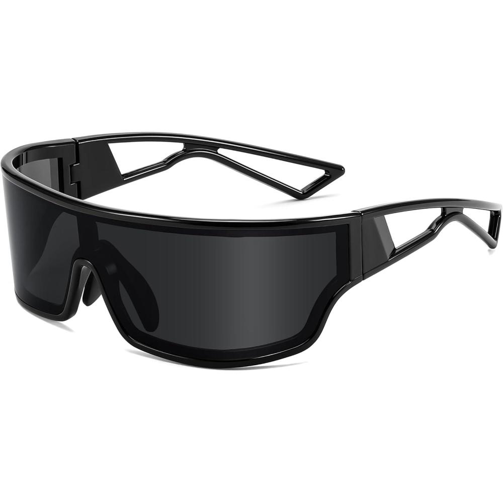 imageFEISEDY Trendy Futuristic Wrap Sunglasses Flat Top Mirrored One Piece Lens Reflective Sun Glasses for Women Men B0161Black Frame Grey Lens