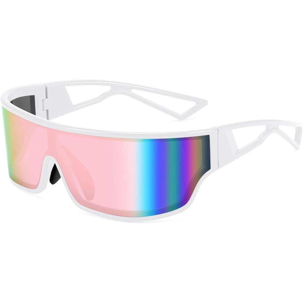 imageFEISEDY Trendy Futuristic Wrap Sunglasses Flat Top Mirrored One Piece Lens Reflective Sun Glasses for Women Men B0161White Frame Pink Mirrored Lens