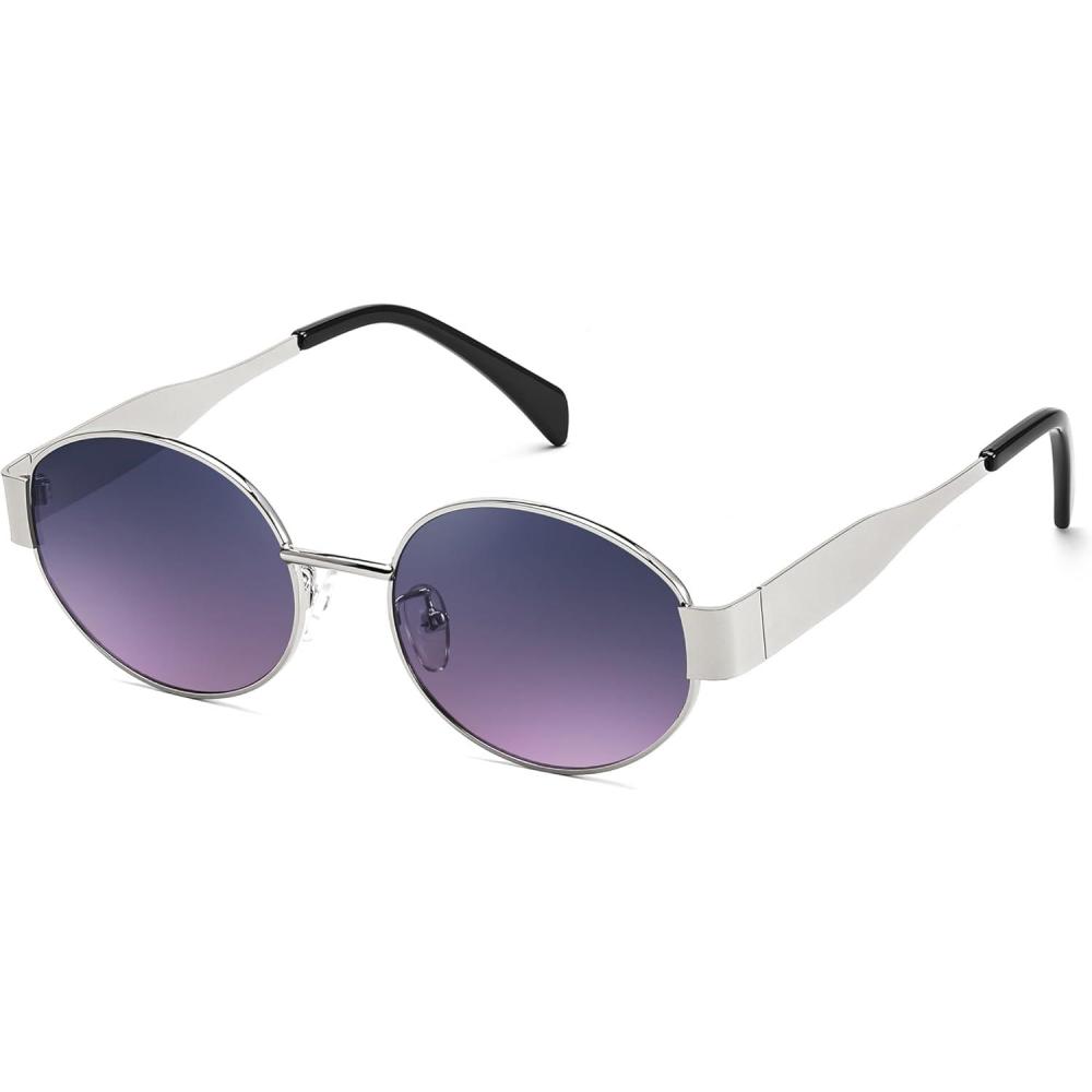imageFEISEDY Trendy Retro Oval Sunglasses for Women Men Small Metal Frame Sun Glasses UV400 Shades B0124Slivergrey Pink