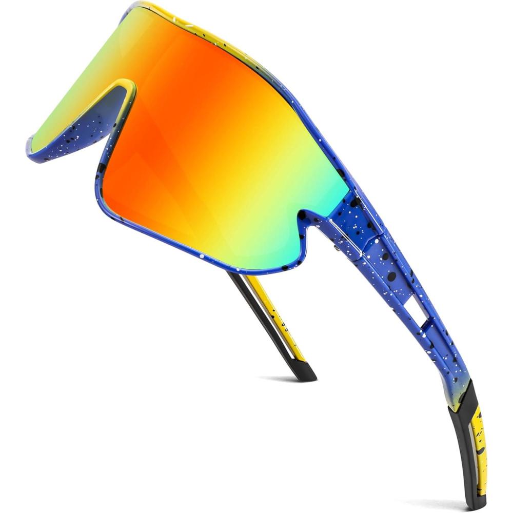 imageFEISEDY Unisex Youth Sunglasses Teens Baseball Tennis Sunglasses UV400 Sports Boys Girls Cycling Shades B4064Blue Yellow FrameRed Mirror