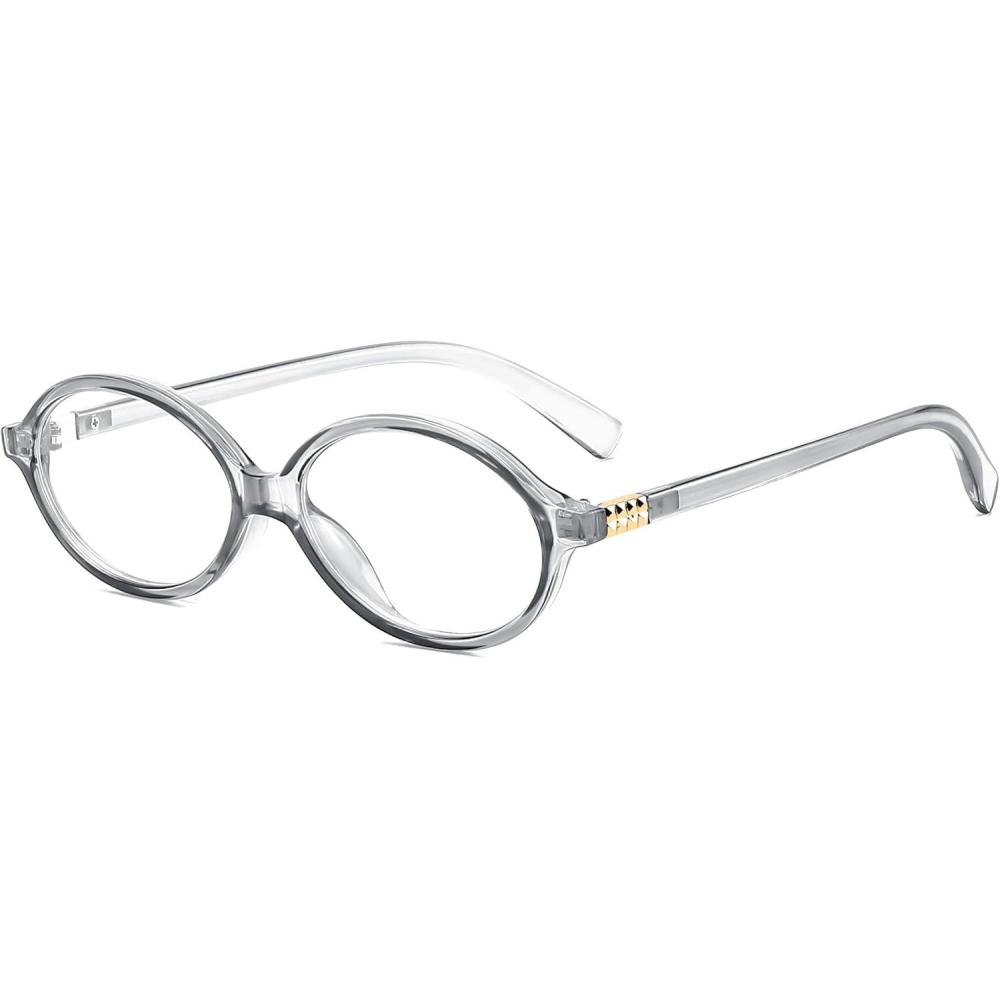 imageFEISEDY Vintage Oval Glasses for Women Men Retro Tortoise Blue Light Blocking Glasses Small Fake Nerd Eyewear Frames B0254Transparent Grey