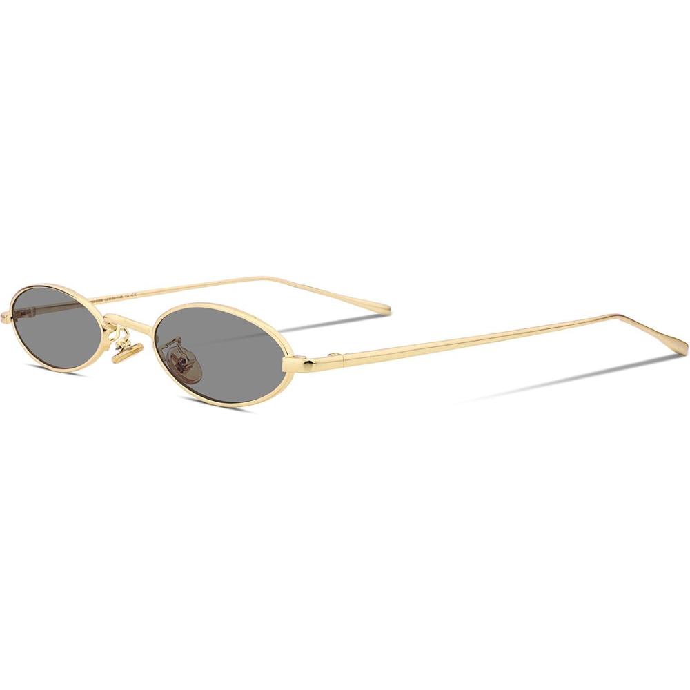 imageFEISEDY Vintage Small Sunglasses Oval Slender Metal Frame Candy Colors B227705 Glod Frame Grey Lens