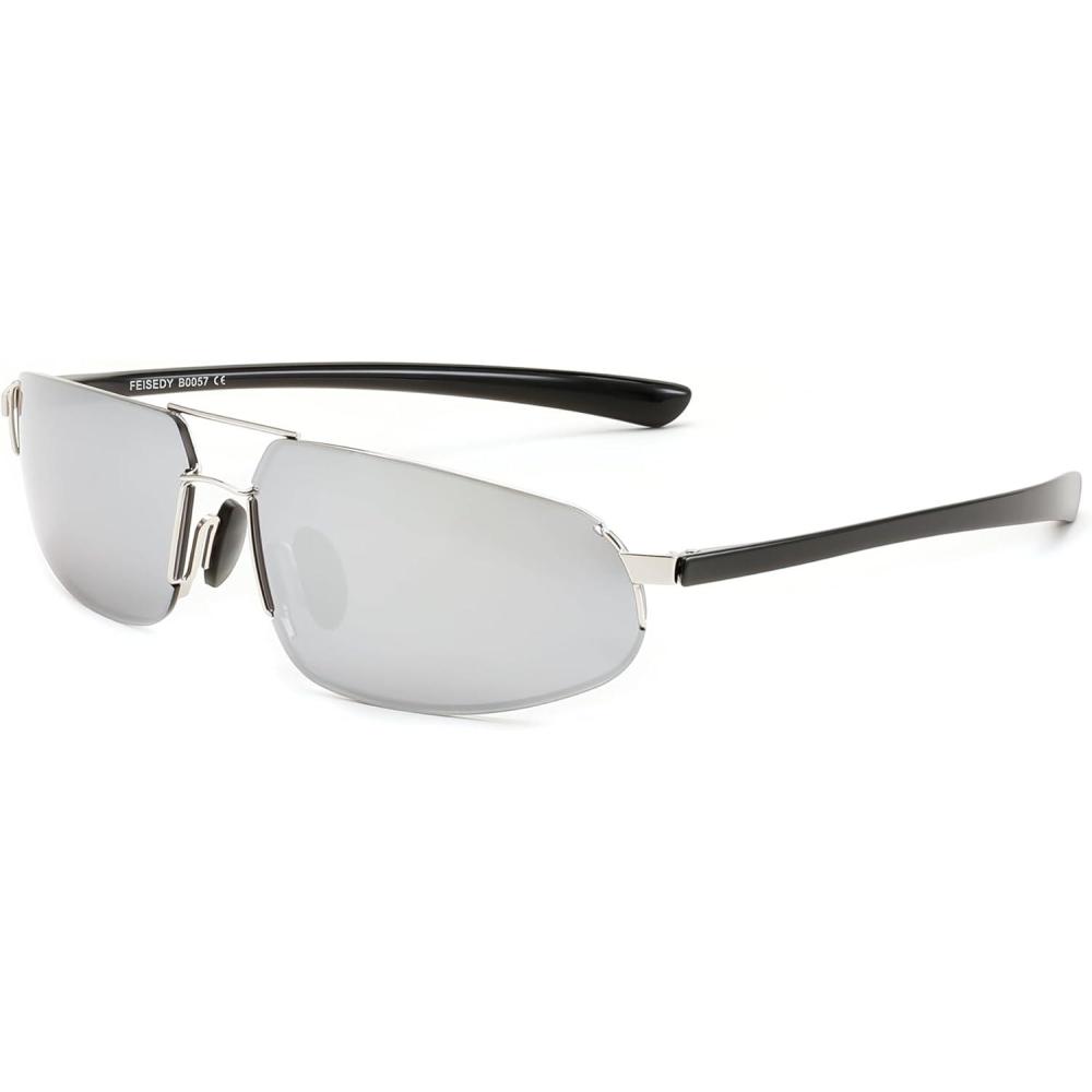 imageFEISEDY Vintage Sunglasses Men Polarized Aviator Metal Frame Lightweight Driving Fishing Running B0057Polarized Silver Lenses Silver Frame 06