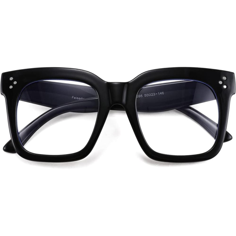 imageFEISEDY Women Men Blue Light Blocking Glasses Frame Oversized Designer Luxury Square Eyewear B2695FFBright Black Frame