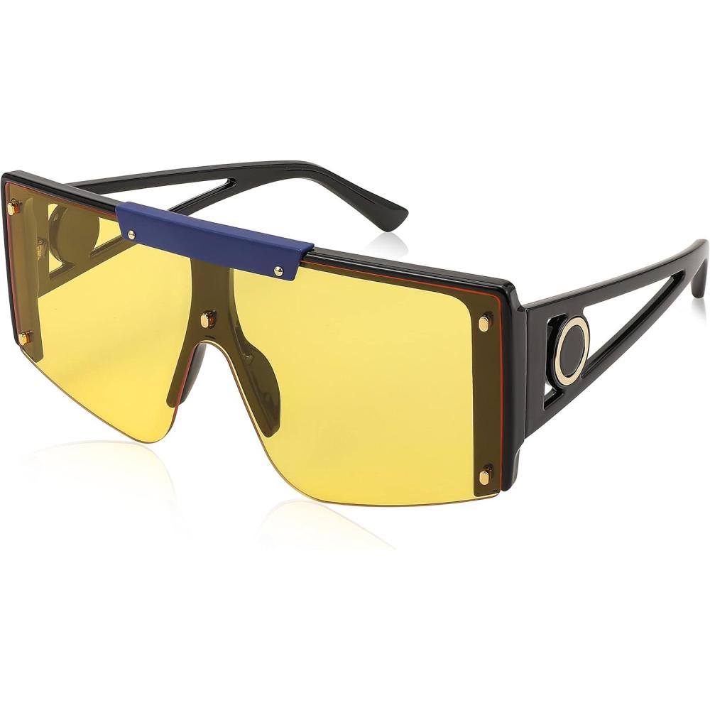 imageFEISEDY Women Sunglasses Oversized Square Flat Top Shield Shades for Men B4060Blac Blue Frame Yellow Lens