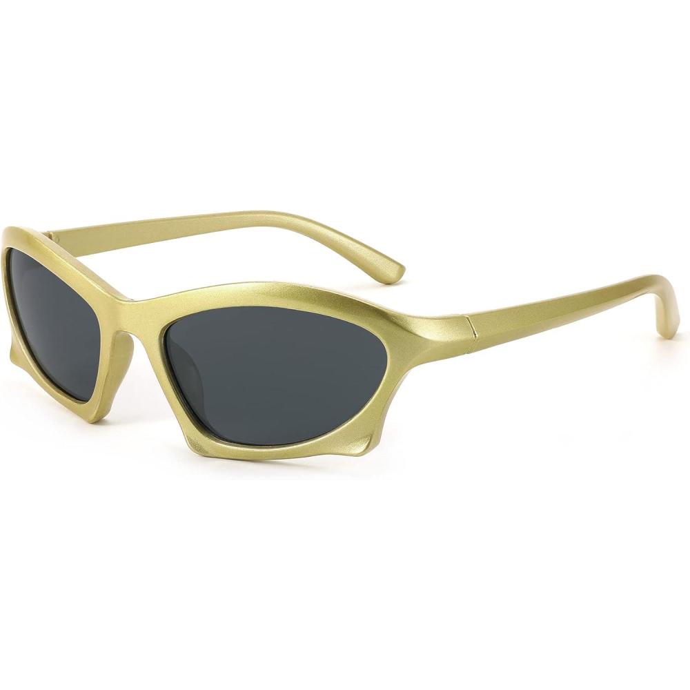 imageFEISEDY Wrap Around Fashion Sunglasses for Women Men Vintage Trendy Y2K Sunglasses Cool Bat Sport Sun Glasses B2335002 Yellow FrameGray Lens