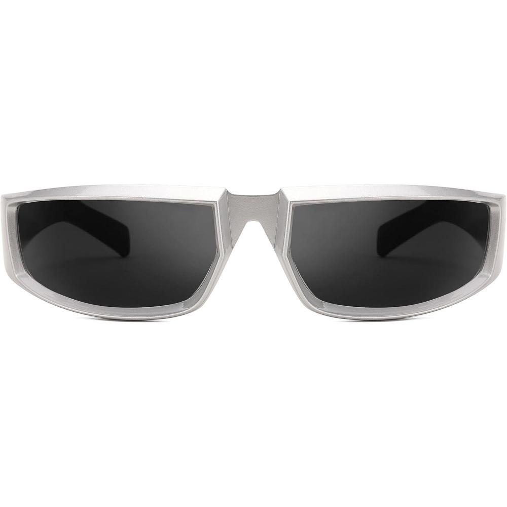 imageFEISEDY Wrap Around Trendy Sunglasses For Women Men Fashion Futuristic Mirror Shades Punk Sun Glasses B2970004 Silver Grey Lens