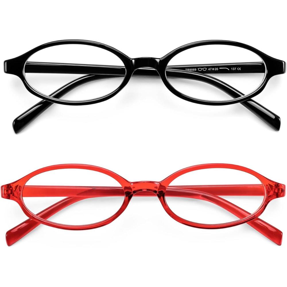 imageFEISEDY Y2K Retro Oval Blue Light Glasses for Women Fashion Small Face Eyewear Frame 90s Nerd Fake Cosplay Eyeglasses B0258Black and Red
