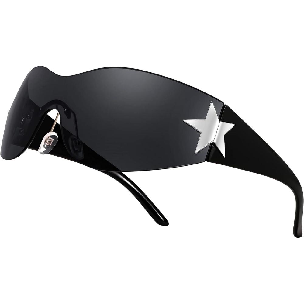 imageFEISEDY Y2K Sunglasses for Women Men 2000s Fashion Rimless Wrap Around Frameless Star Sun Glasses B9090Black