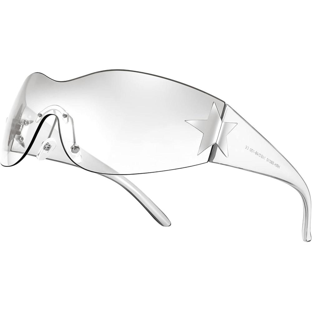 imageFEISEDY Y2K Sunglasses for Women Men 2000s Fashion Rimless Wrap Around Frameless Star Sun Glasses B9090Clear Black Tinted