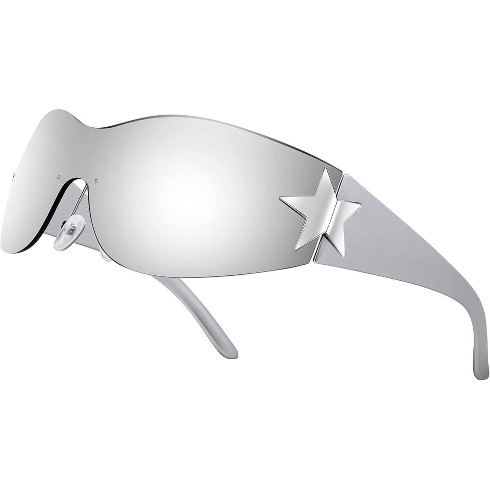imageFEISEDY Y2K Sunglasses for Women Men 2000s Fashion Rimless Wrap Around Frameless Star Sun Glasses B9090Mirrored Silver