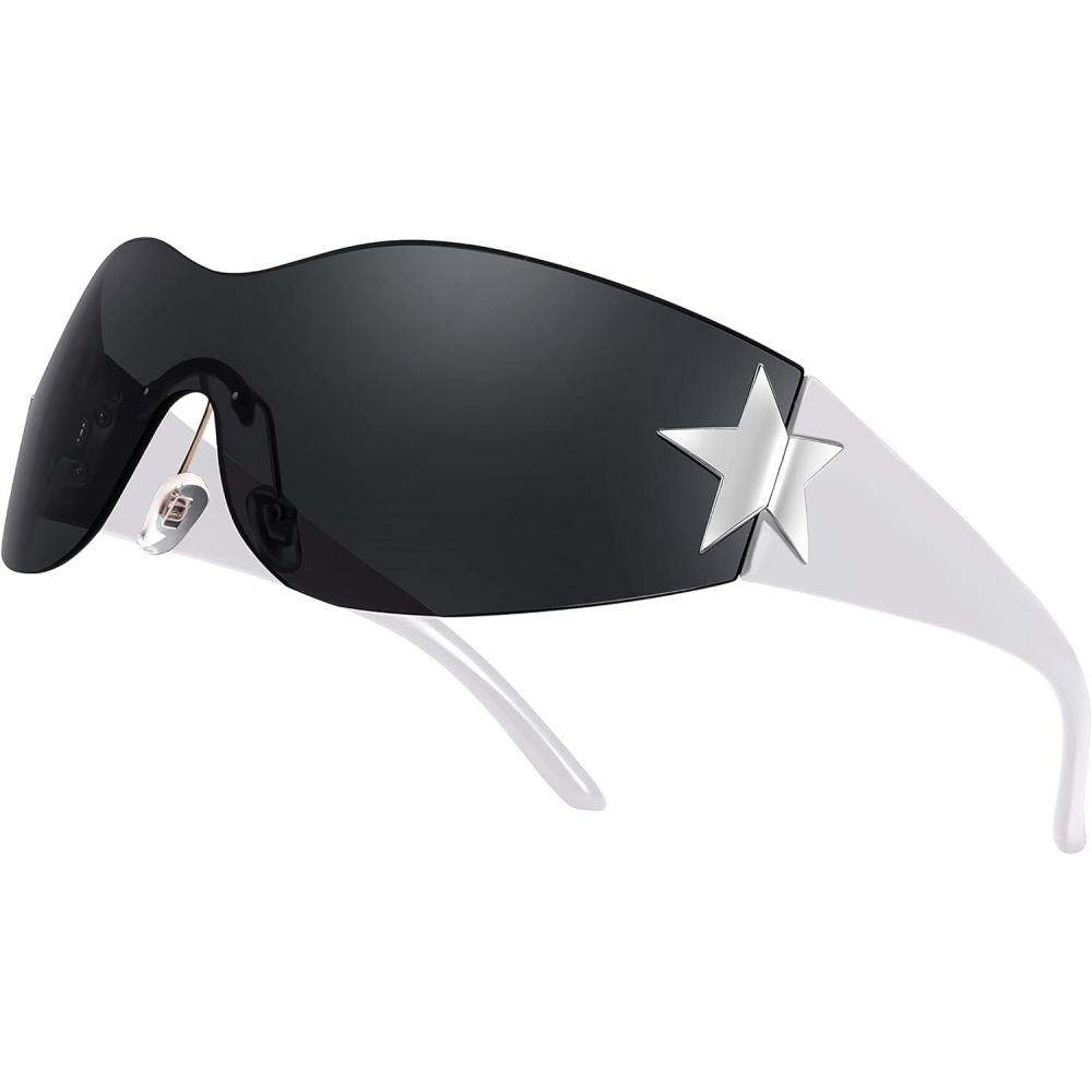 imageFEISEDY Y2K Sunglasses for Women Men 2000s Fashion Rimless Wrap Around Frameless Star Sun Glasses B9090White