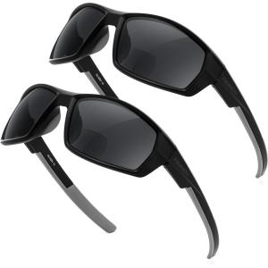 FEISEDY 2 Pack Bifocal Reader Sunglasses for Men Wrap Around Design Sun Readers Sports/Outdoor/Driving/Fishing B0303(Black)
