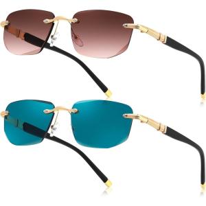 FEISEDY 2 Pack Fashion Rimless Reader Sunglasses for Men, Retro Outdoors Full Lens Reading SunGlasses UV400 Protection B0326(Tea and Blue Lens)