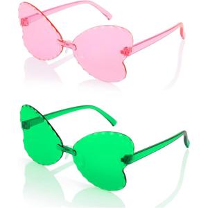 FEISEDY 2 Pack Kid’s Rimless Butterfly Shaped Sunglasses Girls and Boys One Piece Transparent Trendy Cute Glasses B4070-F2