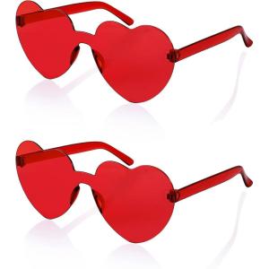 FEISEDY 2 Pack Rimless Heart Shaped Sunglasses Party Glasses Disco One Piece Transparent Trendy Love Glasses B2826-F2(Red  Red)