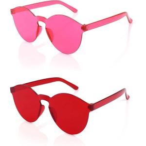 FEISEDY 2 Pack Rimless Round Shaped Sunglasses Women One Piece Transparent Candy Color Cute Glasses B2230(Rose Red  Red)