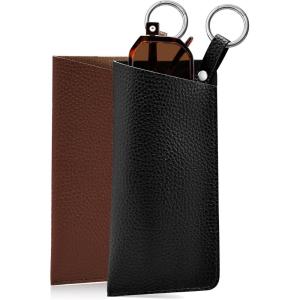 FEISEDY 2Pack Portable Glasses Case with Clip Hook, Soft Leather Eyeglass case Bag, Slim Sunglasses Pouch B0313(Black + Brown)