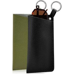 FEISEDY 2Pack Portable Glasses Case with Clip Hook, Soft Leather Eyeglass case Bag, Slim Sunglasses Pouch B0313(Black + Green)