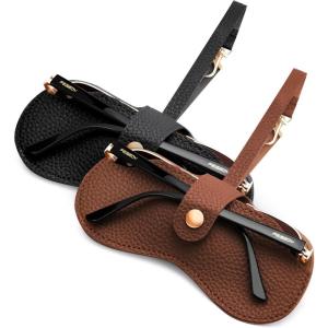 FEISEDY 2Pack Soft Leather Sunglass Case-Slim Portable Glasses Holder with Button-Closure Wrist Strap for Travel & Outdoor B0308(Black+brown)