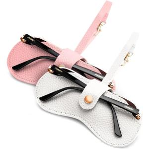 FEISEDY 2Pack Soft Leather Sunglass Case-Slim Portable Glasses Holder with Button-Closure Wrist Strap for Travel & Outdoor B0308(Pink+white)