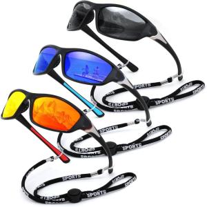 FEISEDY 3 Pack Polarized Sports Sunglasses for Men, Wrap Around Frame, UV400 Protection, Fishing Driving Cycling B2674(3pack-black+deep Blue+red)
