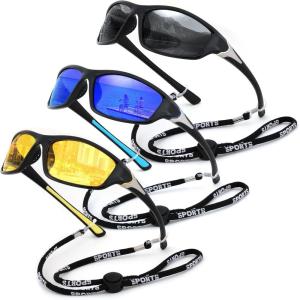 FEISEDY 3 Pack Polarized Sports Sunglasses for Men, Wrap Around Frame, UV400 Protection, Fishing Driving Cycling B2674(3pack-black+deep Blue+yellow)