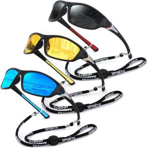 FEISEDY 3 Pack Polarized Sports Sunglasses for Men, Wrap Around Frame, UV400 Protection, Fishing Driving Cycling B2674(3pack-black+yellow+blue)