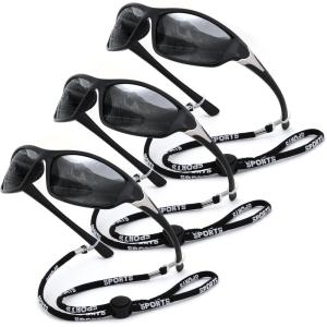 FEISEDY 3 Pack Polarized Sports Sunglasses for Men, Wrap Around Frame, UV400 Protection, Fishing Driving Cycling B2674(3pcs-black+black+black)