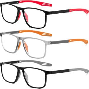 FEISEDY 3 Packs Blue Light Reading Glasses for Men, Sports Style TR90 Readers, Classic Lightweight Eyeglasses B0336(Gray  Orange  Red)