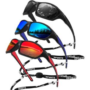 FEISEDY 3PACK Sport Polarized Sunglasses Men Women Outdoor Fishing Running Baseball Sun Glasses UV400 Protection B9162(Black+red+blue)