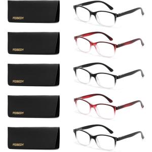 FEISEDY 5 Pack Rectangular Classic Reading Glasses for Men Woman Lightweight Spring Hinge Readers B0300(3 Gradual Black & 2 Gradual Red)
