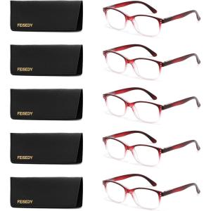 FEISEDY 5 Pack Rectangular Classic Reading Glasses for Men Woman Lightweight Spring Hinge Readers B0300(5 Gradual Red)