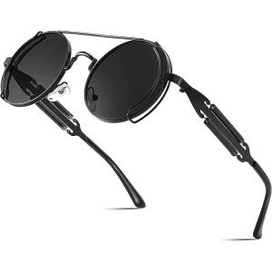 FEISEDY Aviator Sunglasses for Men Women, Retro Steampunk Gothic Round Metal Frame Hippie Glasses B2351(Black Frame With Gray Lenses and Black Temples)