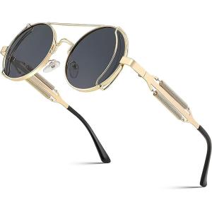 FEISEDY Aviator Sunglasses for Men Women, Retro Steampunk Gothic Round Metal Frame Hippie Glasses B2351(Gold Frame With Gray Lenses and Gold Temples)