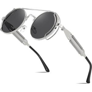 FEISEDY Aviator Sunglasses for Men Women, Retro Steampunk Gothic Round Metal Frame Hippie Glasses B2351(Silver Frame With Gray Lens and Silver Leg)
