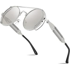 FEISEDY Aviator Sunglasses for Men Women, Retro Steampunk Gothic Round Metal Frame Hippie Glasses B2351(Silver Frame With White and Silver Lenses)