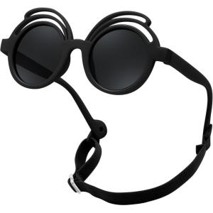 FEISEDY Baby Polarized Round Sunglasses Flexible Rubber Shades with Strap for Infant Toddler Newborn Age 0-24 Months B0060(Black Frame | Grey Lens)