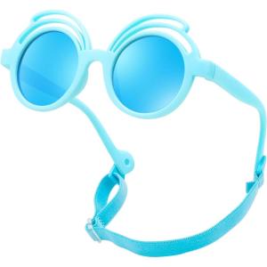 FEISEDY Baby Polarized Round Sunglasses Flexible Rubber Shades with Strap for Infant Toddler Newborn Age 0-24 Months B0060(Blue Frame | Blue Mirrored Lens)