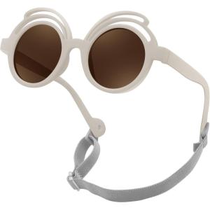 FEISEDY Baby Polarized Round Sunglasses Flexible Rubber Shades with Strap for Infant Toddler Newborn Age 0-24 Months B0060(Off White Frame | Tea Lens)