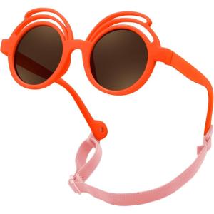 FEISEDY Baby Polarized Round Sunglasses Flexible Rubber Shades with Strap for Infant Toddler Newborn Age 0-24 Months B0060(Orange Frame | Tea Lens)