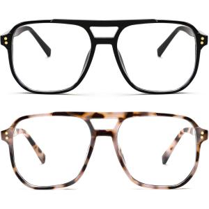 FEISEDY Blue Light Blocking Glasses Fake Nerd Clear Square Computer Lightweight Pilot Glasses Frame Oversized B2866(2pack Black+cow Leopard)